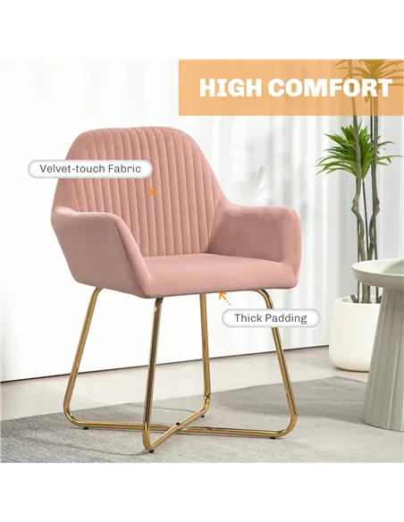 HOMCOM Modern Arm Chair Set of 2 Upholstered Accent Chair with Metal Base for Living Room Pink