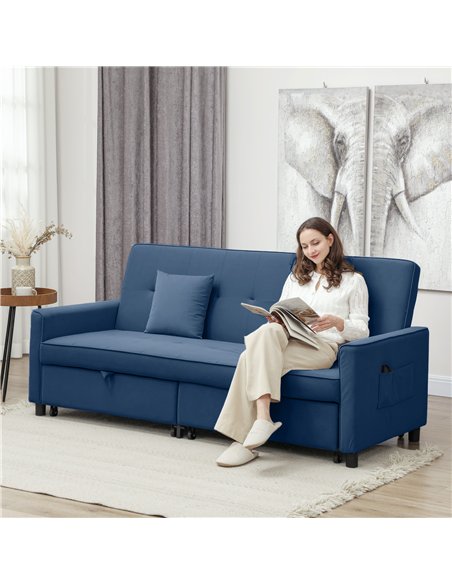 HOMCOM Three-Person Velvet-Feel Sofa Bed - Blue