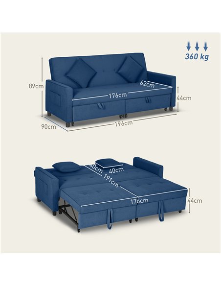 HOMCOM Three-Person Velvet-Feel Sofa Bed - Blue