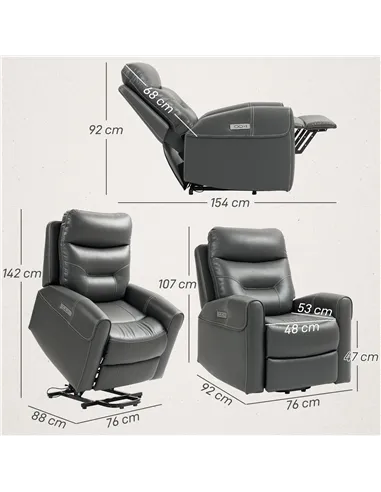 HOMCOM Power Lift Recliner Chair for Elderly, Overstuffed Faux Leather Riser and Reclining Chair with USB A+C Ports, Remote Cont