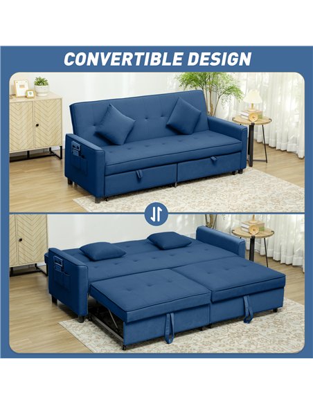 HOMCOM Three-Person Velvet-Feel Sofa Bed - Blue