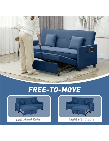 HOMCOM Three-Person Velvet-Feel Sofa Bed - Blue