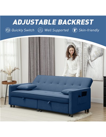 HOMCOM Three-Person Velvet-Feel Sofa Bed - Blue