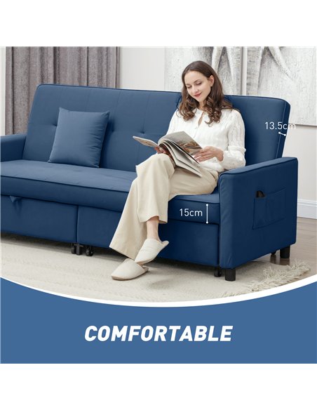 HOMCOM Three-Person Velvet-Feel Sofa Bed - Blue