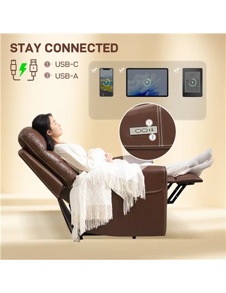 HOMCOM Power Lift Recliner Chair for Elderly, Overstuffed Faux Leather Riser and Reclining Chair with USB A+C Ports, Remote Cont