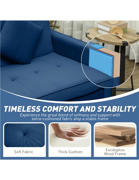 HOMCOM Three-Person Velvet-Feel Sofa Bed - Blue