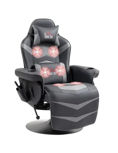 HOMCOM Massage Gaming Chair, Swivel Racing Video Gaming Recliner with Retractable Footrest, Headrest, Cup Holders and Side Pocke