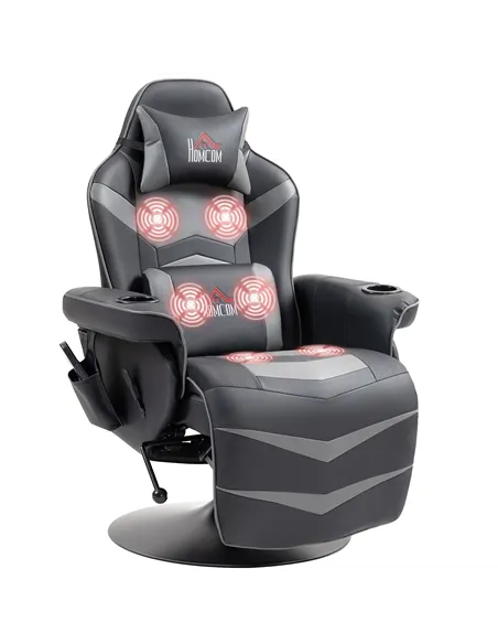 HOMCOM Massage Gaming Chair, Swivel Racing Video Gaming Recliner with Retractable Footrest, Headrest, Cup Holders and Side Pocke