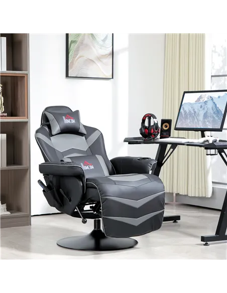 HOMCOM Massage Gaming Chair, Swivel Racing Video Gaming Recliner with Retractable Footrest, Headrest, Cup Holders and Side Pocke
