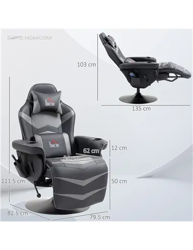 HOMCOM Massage Gaming Chair, Swivel Racing Video Gaming Recliner with Retractable Footrest, Headrest, Cup Holders and Side Pocke