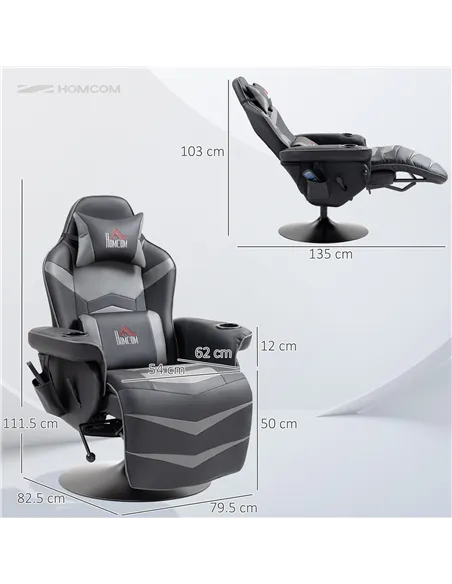 HOMCOM Massage Gaming Chair, Swivel Racing Video Gaming Recliner with Retractable Footrest, Headrest, Cup Holders and Side Pocke