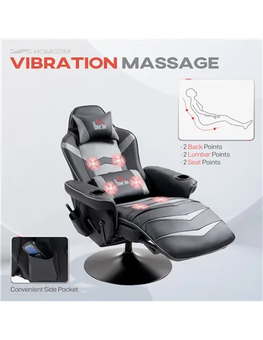 HOMCOM Massage Gaming Chair, Swivel Racing Video Gaming Recliner with Retractable Footrest, Headrest, Cup Holders and Side Pocke