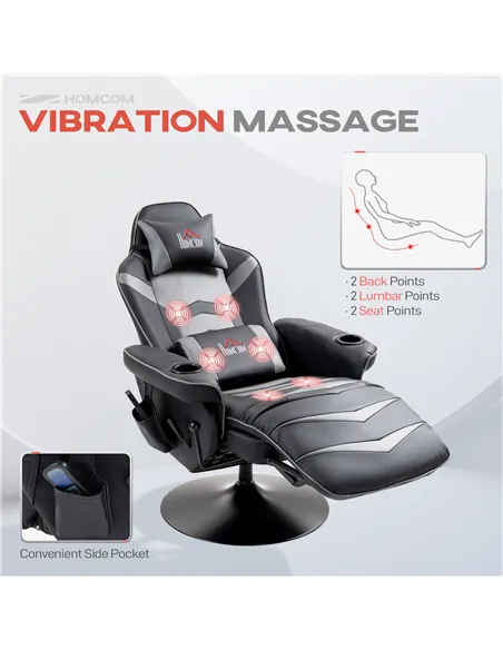 HOMCOM Massage Gaming Chair, Swivel Racing Video Gaming Recliner with Retractable Footrest, Headrest, Cup Holders and Side Pocke