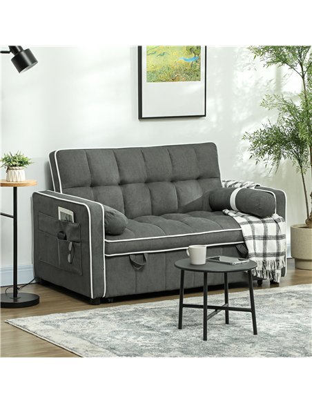 HOMCOM Two-Seater Linen-Look Sofa Bed - Charcoal Grey