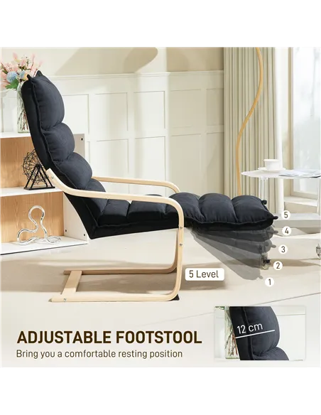 HOMCOM Curved Wooden Accent Chair, with Adjustable Footrest - Black