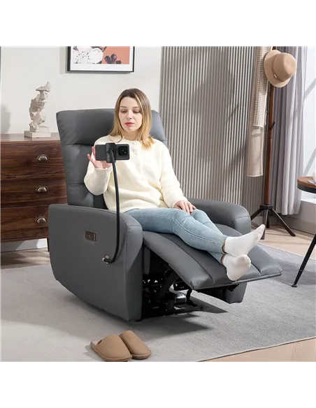 HOMCOM Electric Recliner Armchair with USB + Type C Charge Port, Phone Holder, PU Leather Reclining Chair with Adjustable Leg Re