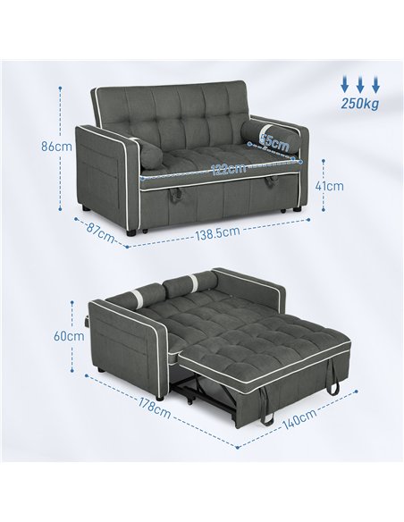 HOMCOM Two-Seater Linen-Look Sofa Bed - Charcoal Grey