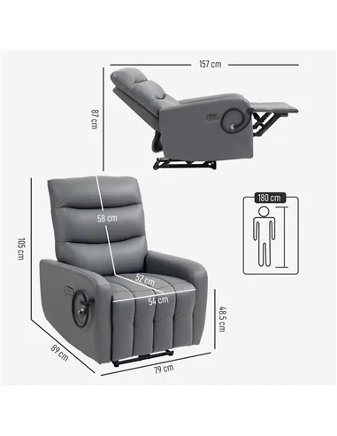 HOMCOM Electric Recliner Armchair with USB + Type C Charge Port, Phone Holder, PU Leather Reclining Chair with Adjustable Leg Re