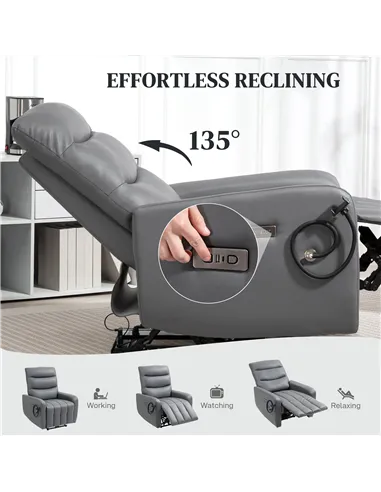 HOMCOM Electric Recliner Armchair with USB + Type C Charge Port, Phone Holder, PU Leather Reclining Chair with Adjustable Leg Re