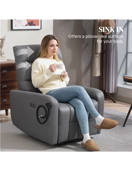 HOMCOM Electric Recliner Armchair with USB + Type C Charge Port, Phone Holder, PU Leather Reclining Chair with Adjustable Leg Re