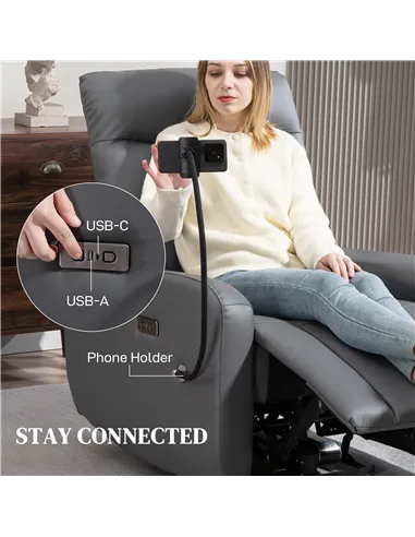 HOMCOM Electric Recliner Armchair with USB + Type C Charge Port, Phone Holder, PU Leather Reclining Chair with Adjustable Leg Re