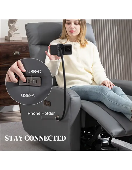 HOMCOM Electric Recliner Armchair with USB + Type C Charge Port, Phone Holder, PU Leather Reclining Chair with Adjustable Leg Re