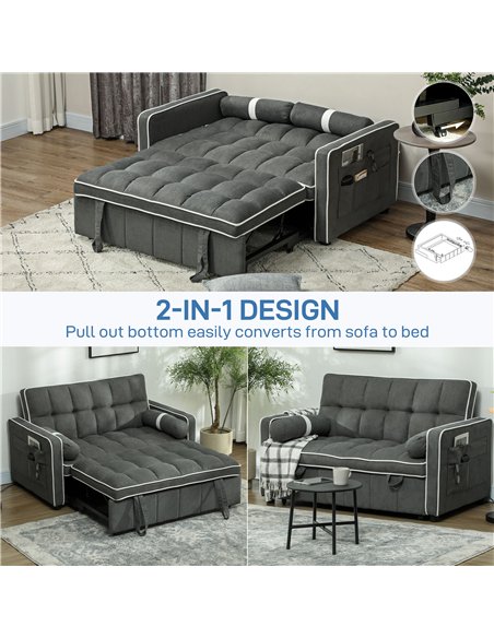 HOMCOM Two-Seater Linen-Look Sofa Bed - Charcoal Grey