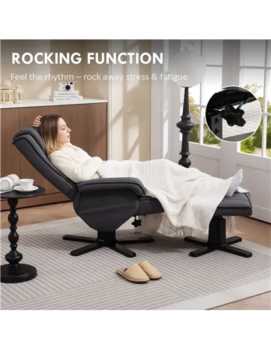 HOMCOM Rocker Swivel Recliner Chair with Footstool - Charcoal Grey Linen