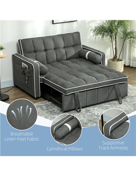 HOMCOM Two-Seater Linen-Look Sofa Bed - Charcoal Grey