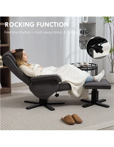 HOMCOM Rocker Swivel Recliner Chair with Footstool - Charcoal Grey Velvet
