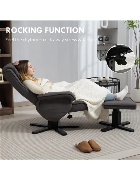HOMCOM Rocker Swivel Recliner Chair with Footstool - Charcoal Grey Velvet