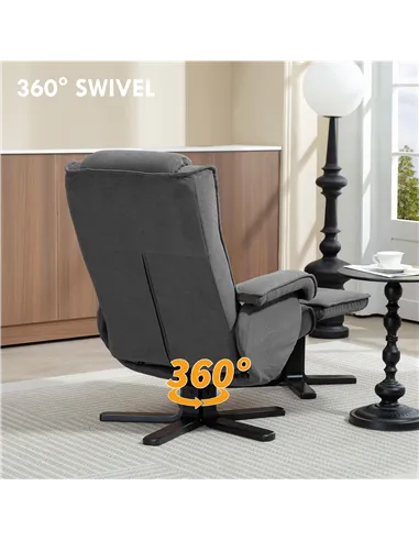 HOMCOM Rocker Swivel Recliner Chair with Footstool - Charcoal Grey Velvet