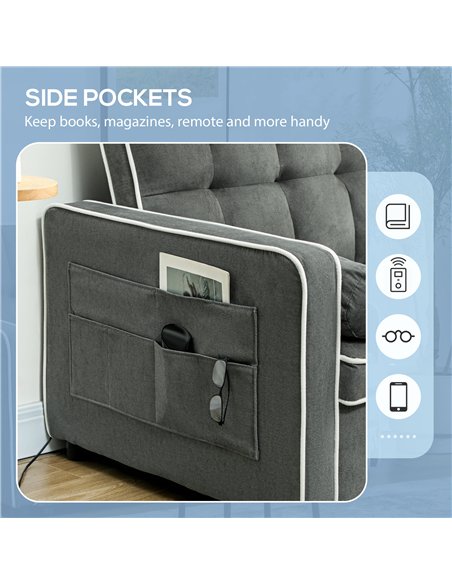 HOMCOM Two-Seater Linen-Look Sofa Bed - Charcoal Grey