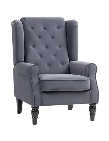 HOMCOM Wingback Accent Chair, Retro Upholstered Button Tufted Occasional Chair for Living Room and Bedroom, Charcoal Grey