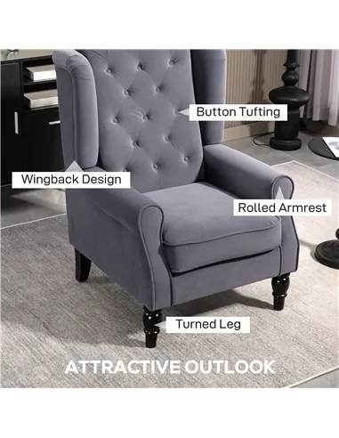 HOMCOM Wingback Accent Chair, Retro Upholstered Button Tufted Occasional Chair for Living Room and Bedroom, Charcoal Grey