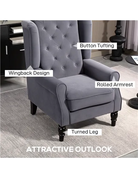 HOMCOM Wingback Accent Chair, Retro Upholstered Button Tufted Occasional Chair for Living Room and Bedroom, Charcoal Grey