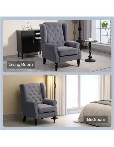HOMCOM Wingback Accent Chair, Retro Upholstered Button Tufted Occasional Chair for Living Room and Bedroom, Charcoal Grey