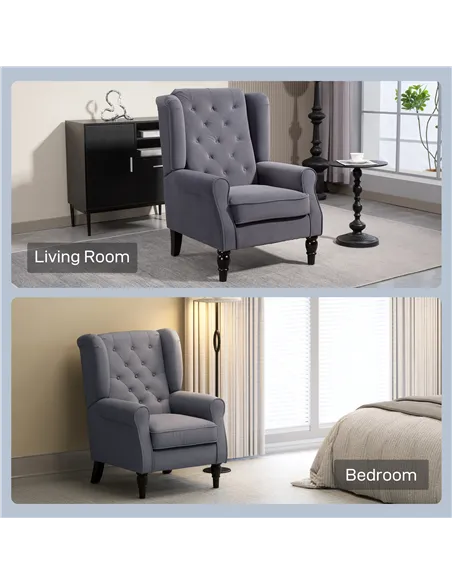 HOMCOM Wingback Accent Chair, Retro Upholstered Button Tufted Occasional Chair for Living Room and Bedroom, Charcoal Grey