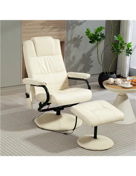 HOMCOM Swivel Recliner Chair and Footstool, Faux Leather Massage Recliner Armchair with Remote Control and Round Wrapped Base, C