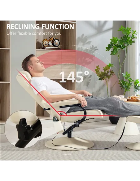 HOMCOM Swivel Recliner Chair and Footstool, Faux Leather Massage Recliner Armchair with Remote Control and Round Wrapped Base, C