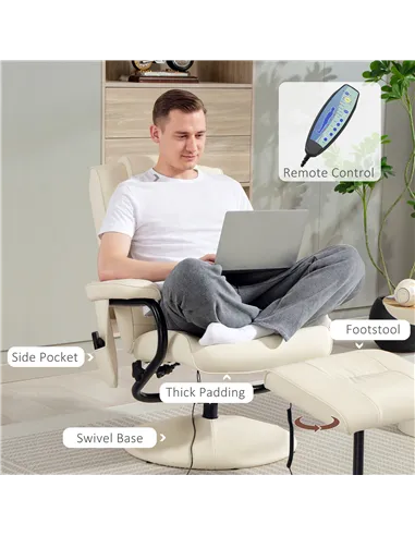 HOMCOM Swivel Recliner Chair and Footstool, Faux Leather Massage Recliner Armchair with Remote Control and Round Wrapped Base, C