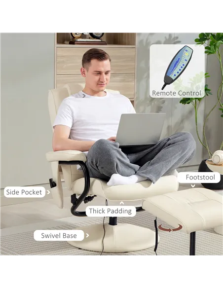 HOMCOM Swivel Recliner Chair and Footstool, Faux Leather Massage Recliner Armchair with Remote Control and Round Wrapped Base, C