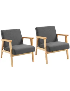 HOMCOM Set of 2 Accent Armchair, Living Room Chair, Wooden Upholstered Single Lounge Chair with Rubber Wood Legs and Padded Seat