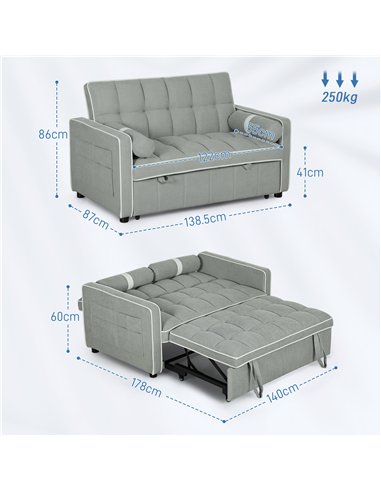 HOMCOM Two-Seater Linen-Look Sofa Bed - Light Grey