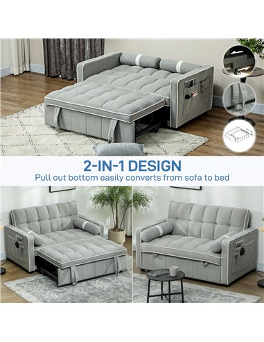 HOMCOM Two-Seater Linen-Look Sofa Bed - Light Grey