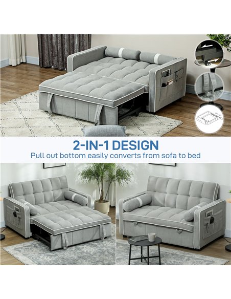 HOMCOM Two-Seater Linen-Look Sofa Bed - Light Grey