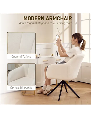 HOMCOM 360 Degree Swivel Accent Chair, Teddy Fleece Fabric Armchair, Upholstered Tufted Vanity Chair with Steel Legs for Living 