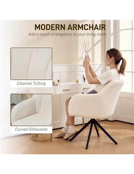 HOMCOM 360 Degree Swivel Accent Chair, Teddy Fleece Fabric Armchair, Upholstered Tufted Vanity Chair with Steel Legs for Living 