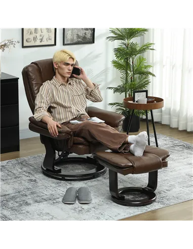 HOMCOM Faux Leather 135° Reclining Chair and Footstool - Brown