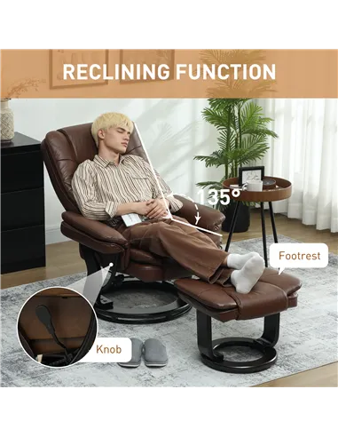 HOMCOM Faux Leather 135° Reclining Chair and Footstool - Brown